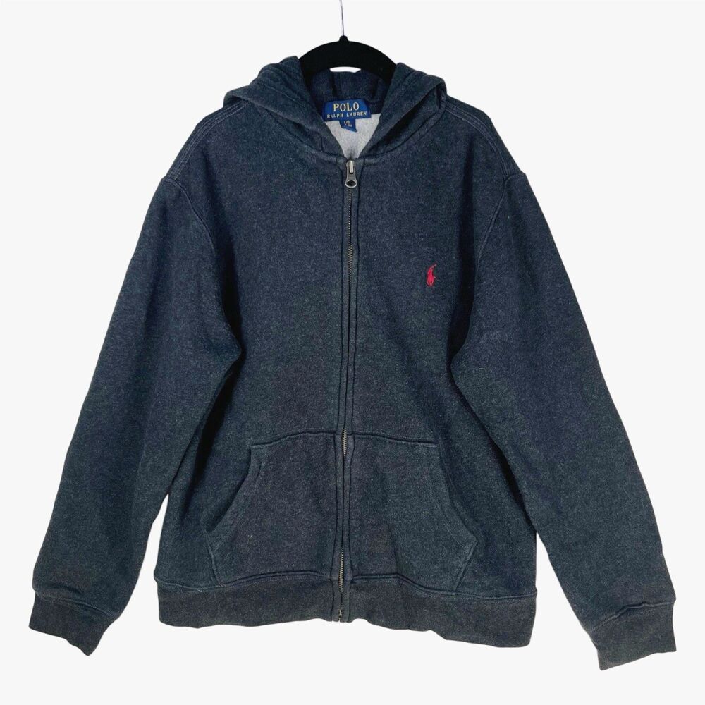 Polo Ralph Lauren Youth L (14–16) Hoodie Full Zip Gray Red Pony Pockets Unisex